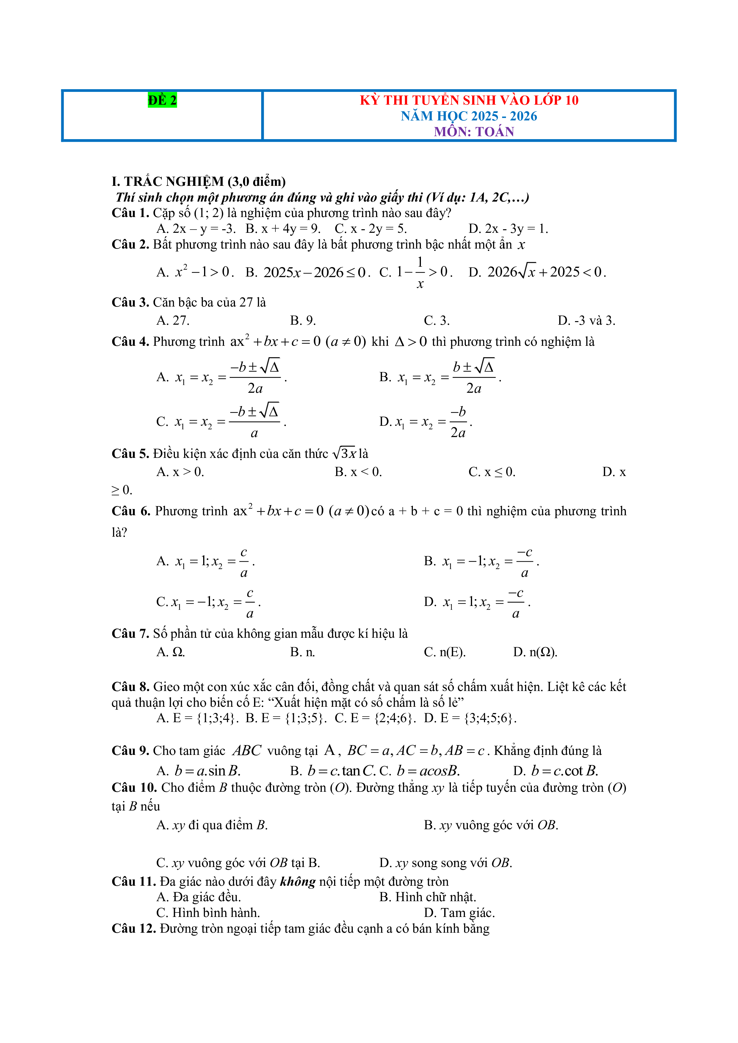 ĐỀ ÔN TUYỂN SINH VÀO 10 MÔN TOÁN